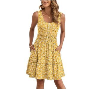 AUSELILY Dress Size Large Sleeveless Smocked Elastic Waist Pockets Yellow Floral